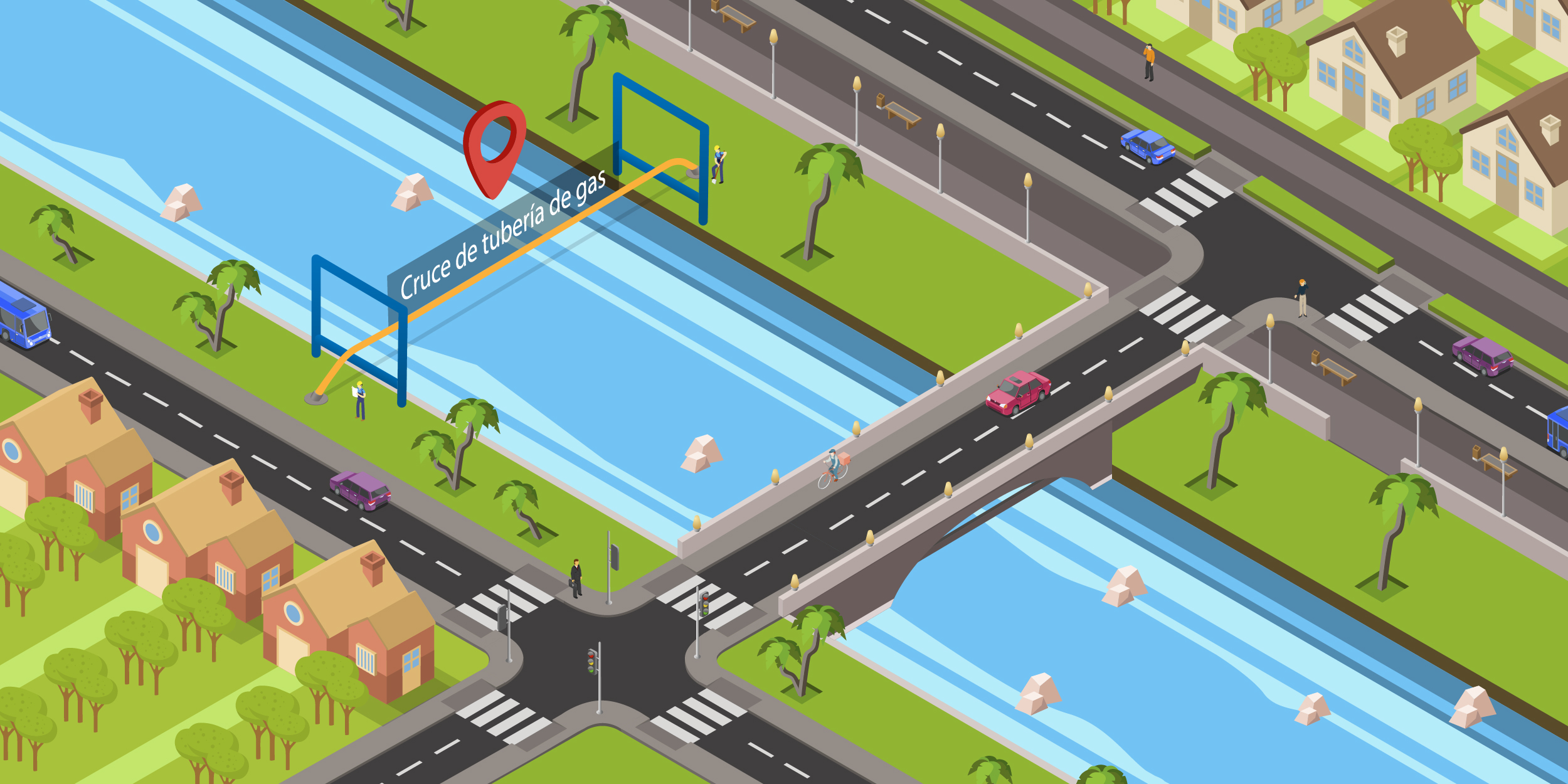 Por los cruces de tuberías de color amarillo sobre ríos