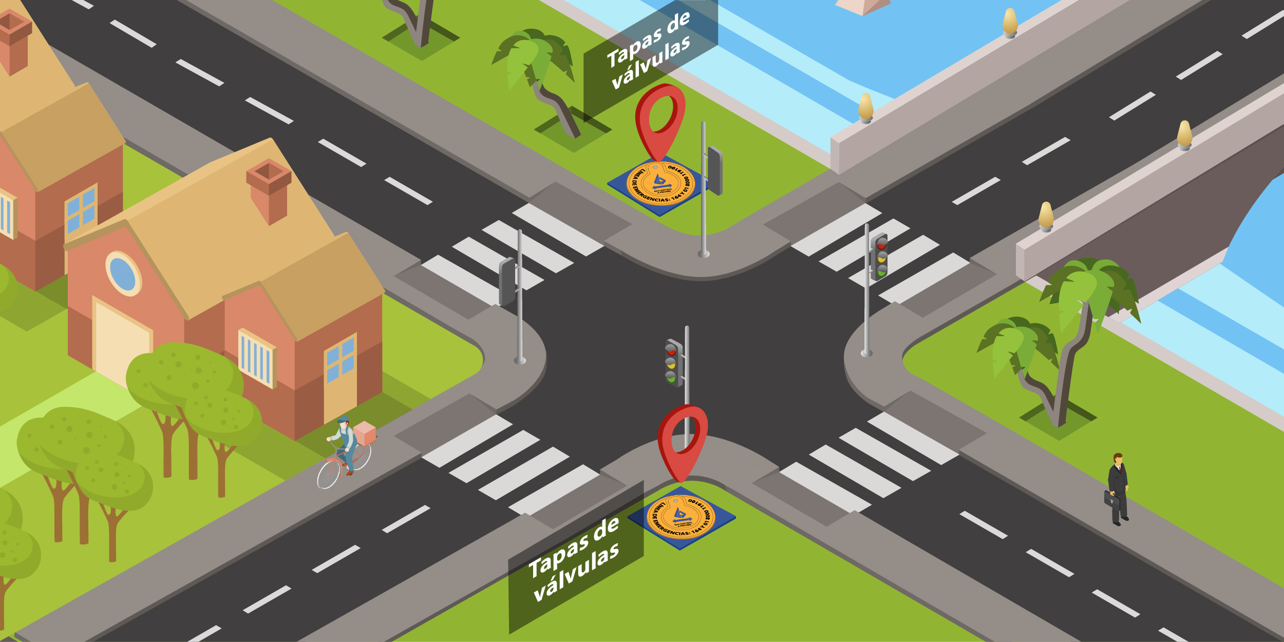 Por las tapas de válvulas de color rojo o amarillo las cuales están identificadas con el nombre y números de emergencia de Llanogas